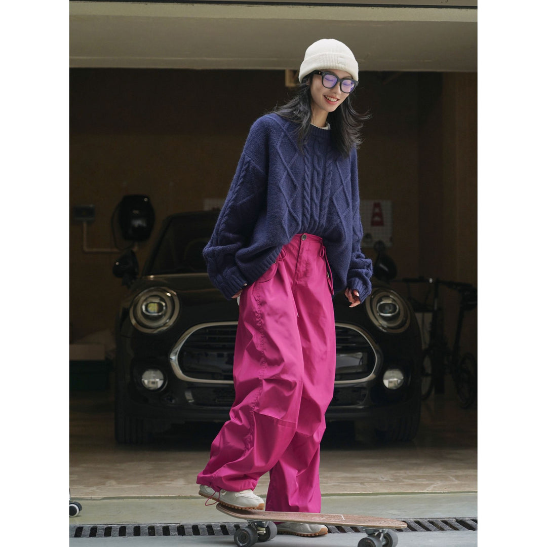 Women's Extra Wide Nylon Cargo Pants with Drawstring Waist and Attached Pockets Mune Fashion