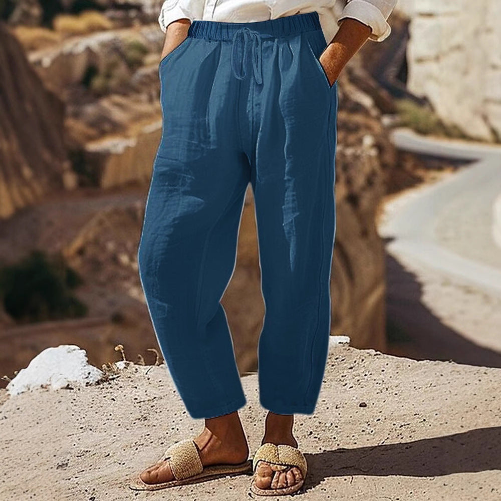 Women's Casual Chino Linen Look Culotte with Elastic Drawstring Waist and Side Pockets Mune Fashion