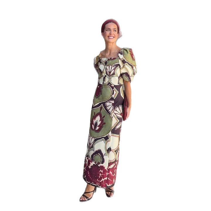 Women's Maxi Dress Set with Puff Sleeves, Tailored Midriff and Floral-Geometric Print Mune Fashion