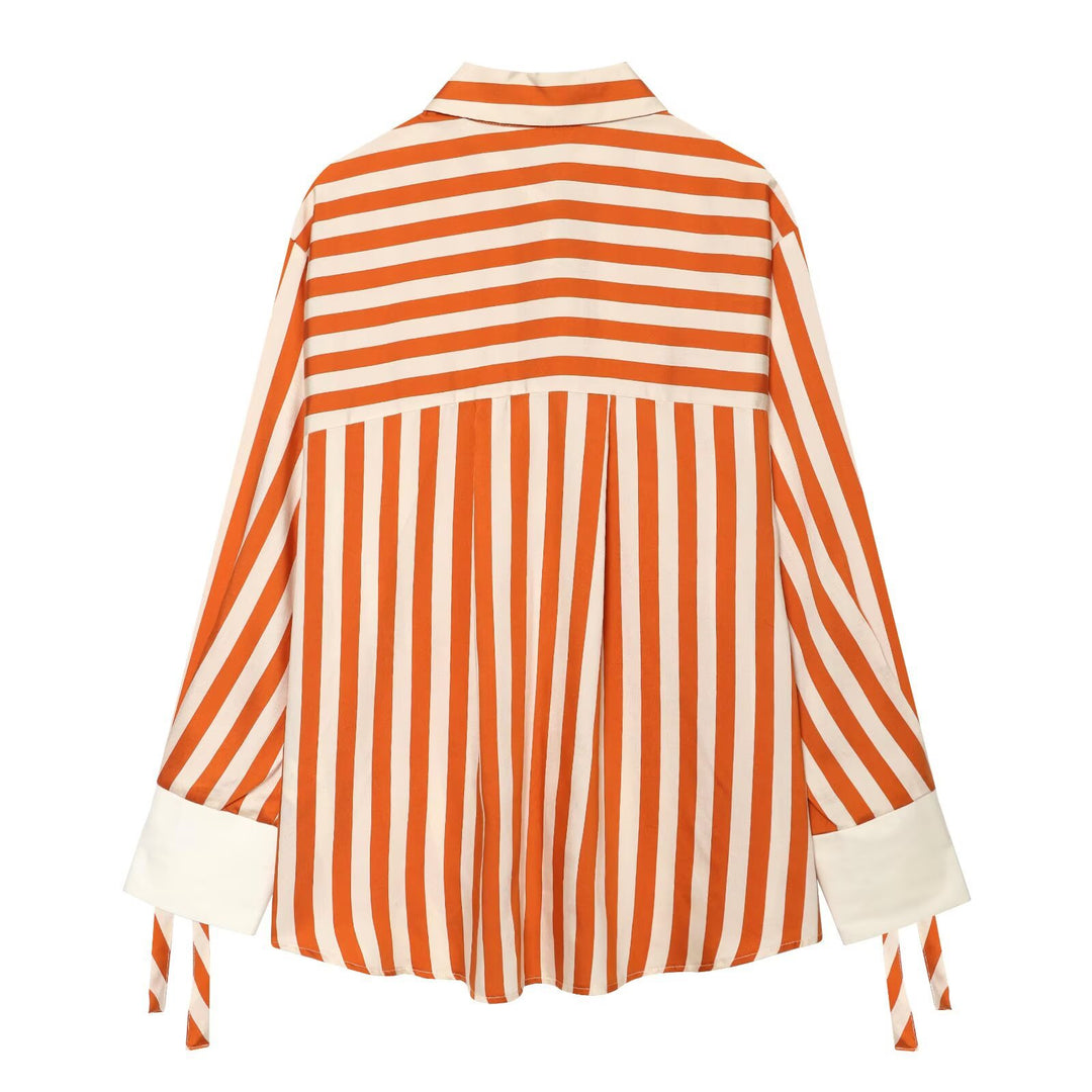 Women Striped Oversized Blouse with Long Sleeves, Decorative Cuffs and Ties Mune Fashion