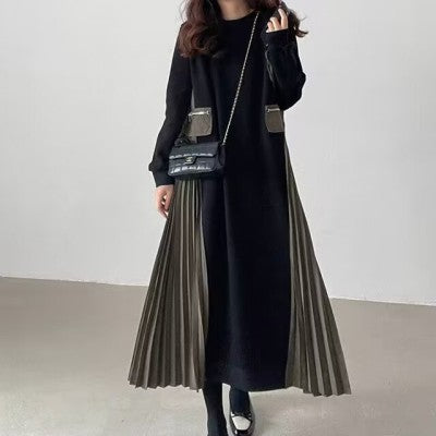 Women Long Oversize Sweat Dress with Round Neck, Pleated Side Inserts and Side Pockets Mune Fashion