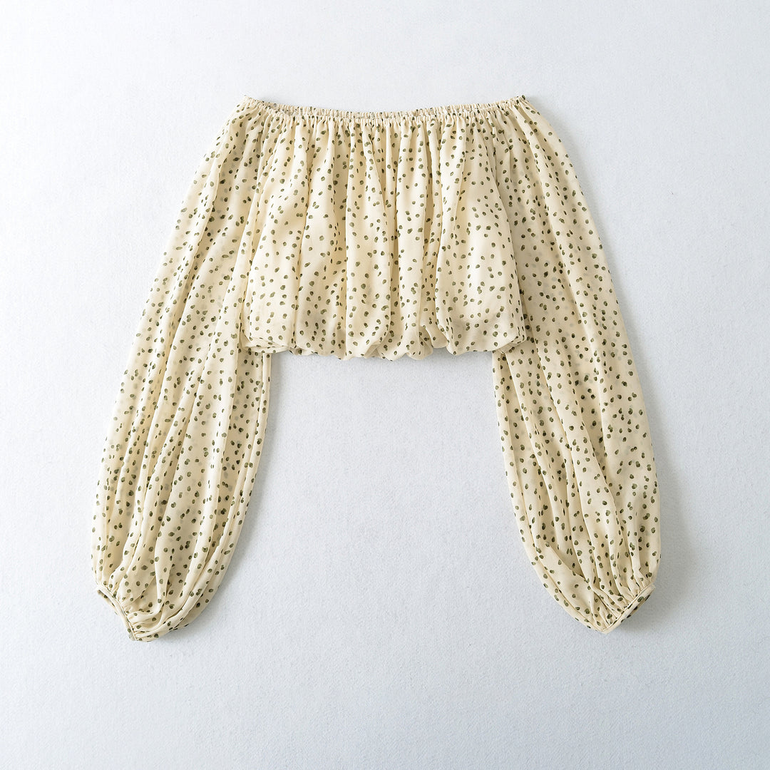 Ladies Carmen Cropped Chiffon Blouse with Elastic, Ruffle Trim and Long Balloon Sleeves Mune Fashion