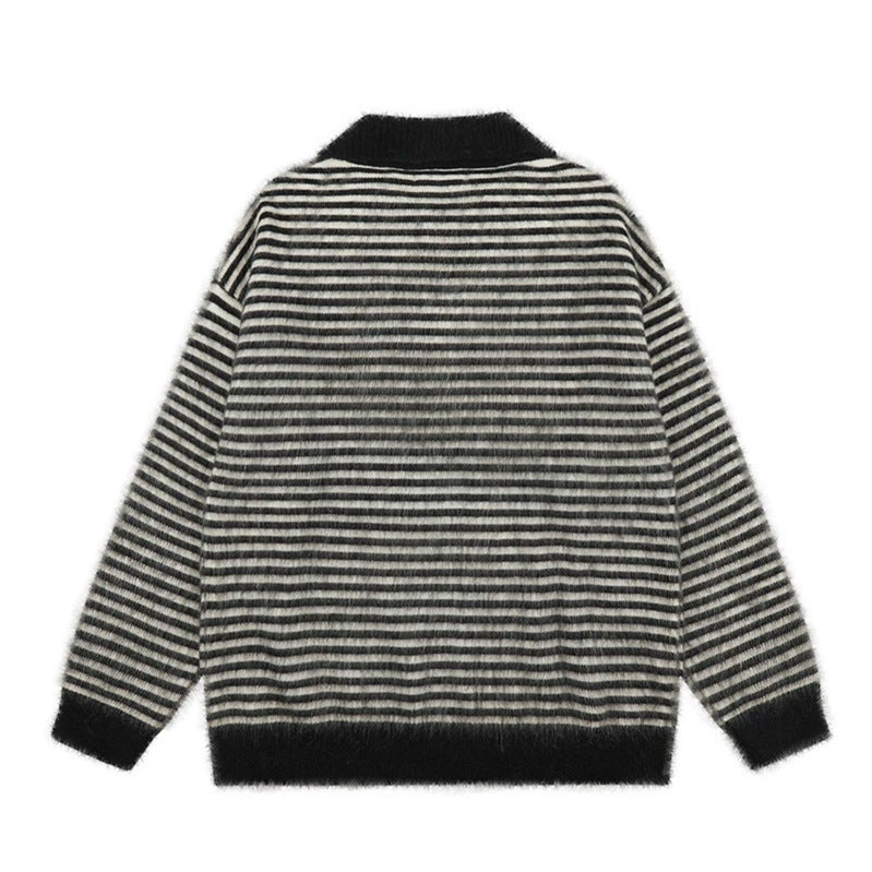 Women's Fluffy Knit Polo with Stripes, Contrasting Collar and Button Placket Mune Fashion