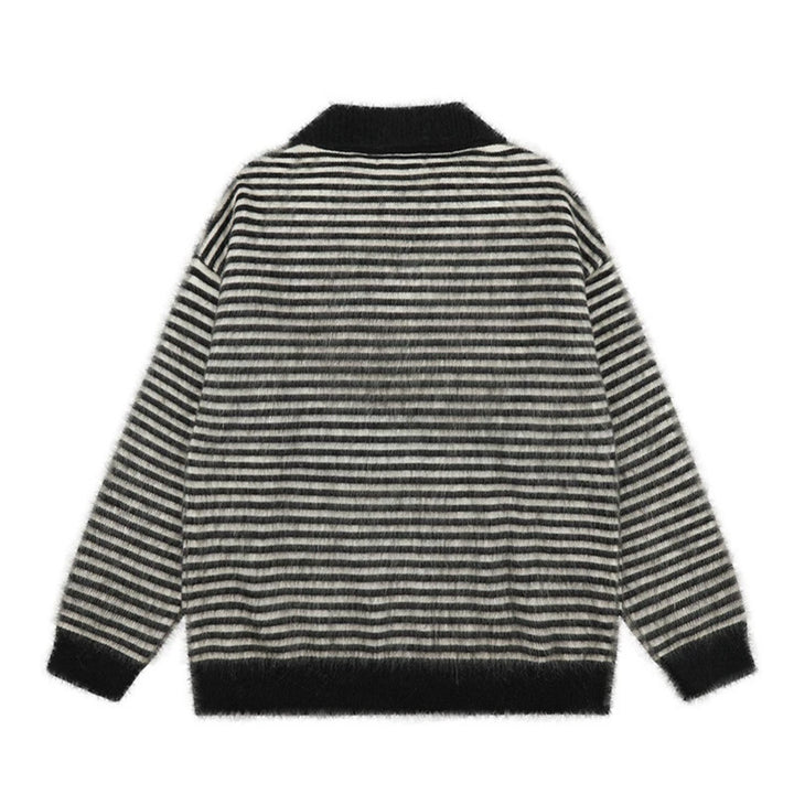 Women's Fluffy Knit Polo with Stripes, Contrasting Collar and Button Placket Mune Fashion