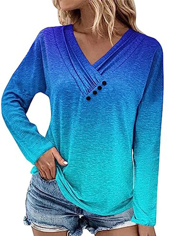 Women's Ribbed V-Neck Sweater with Gradient, Decorative Buttons and Relaxed Fit Mune Fashion