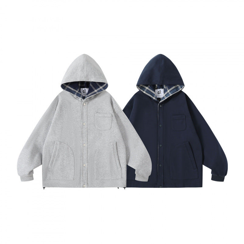 Unisex Oversize Hoodie with checkered lined hood and snap button placket Mune Fashion