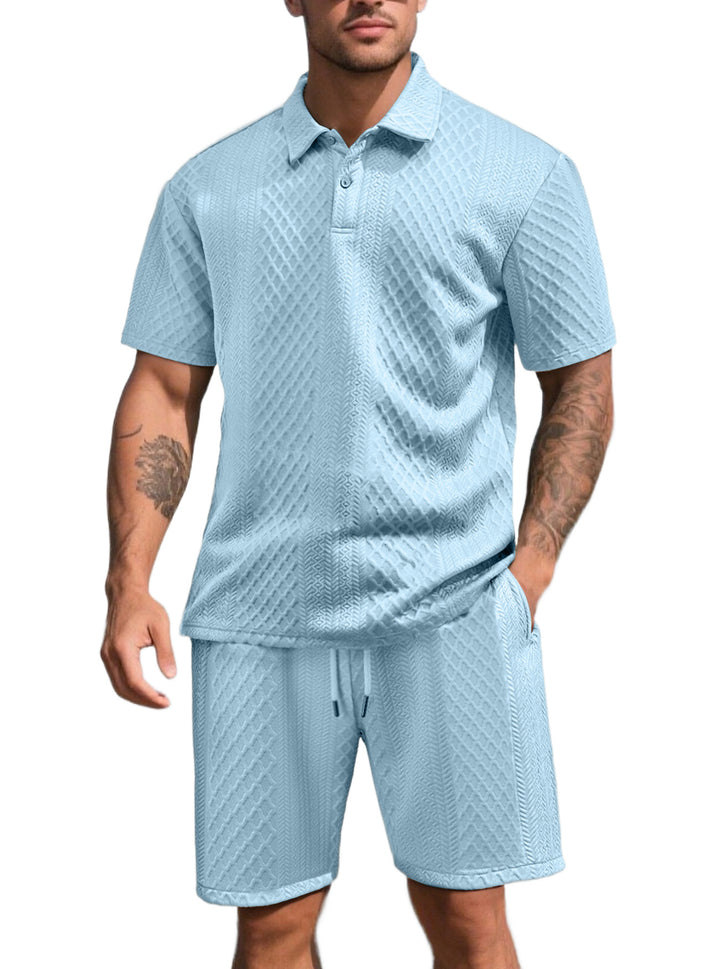 Men's three-dimensional relief leisure set with polo collar, concealed button placket and elastic drawstring shorts Mune Fashion