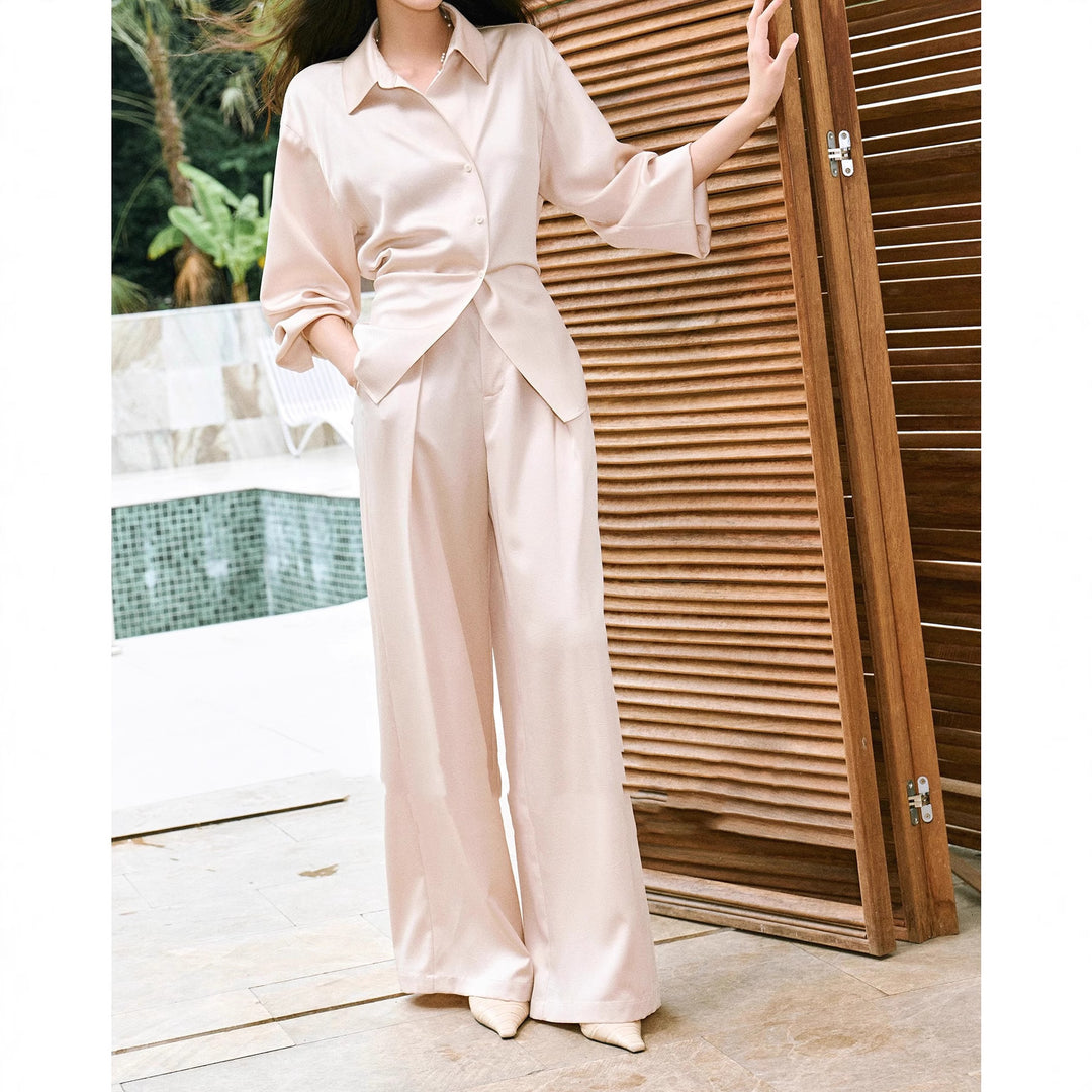 Women's Elegant Blouse with Shimmering Finish and Waist Belt Mune Fashion