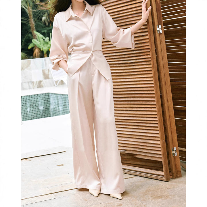 Women's Elegant Blouse with Shimmering Finish and Waist Belt Mune Fashion