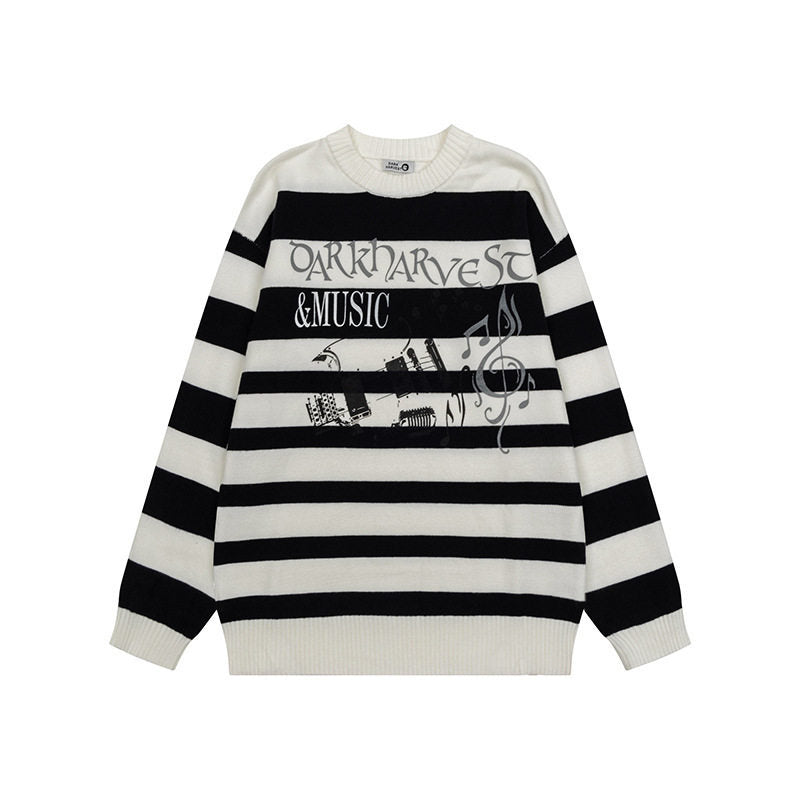 Women Striped Oversized Knit Sweater with Round Neck and Music Graphic Mune Fashion