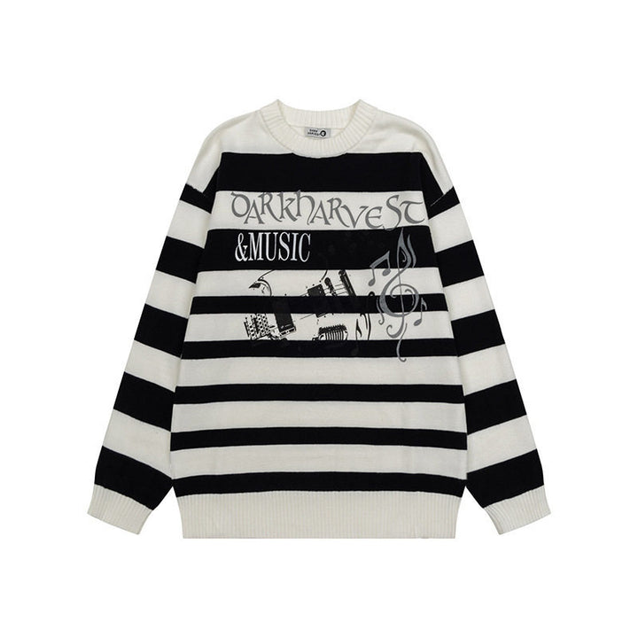 Women Striped Oversized Knit Sweater with Round Neck and Music Graphic Mune Fashion