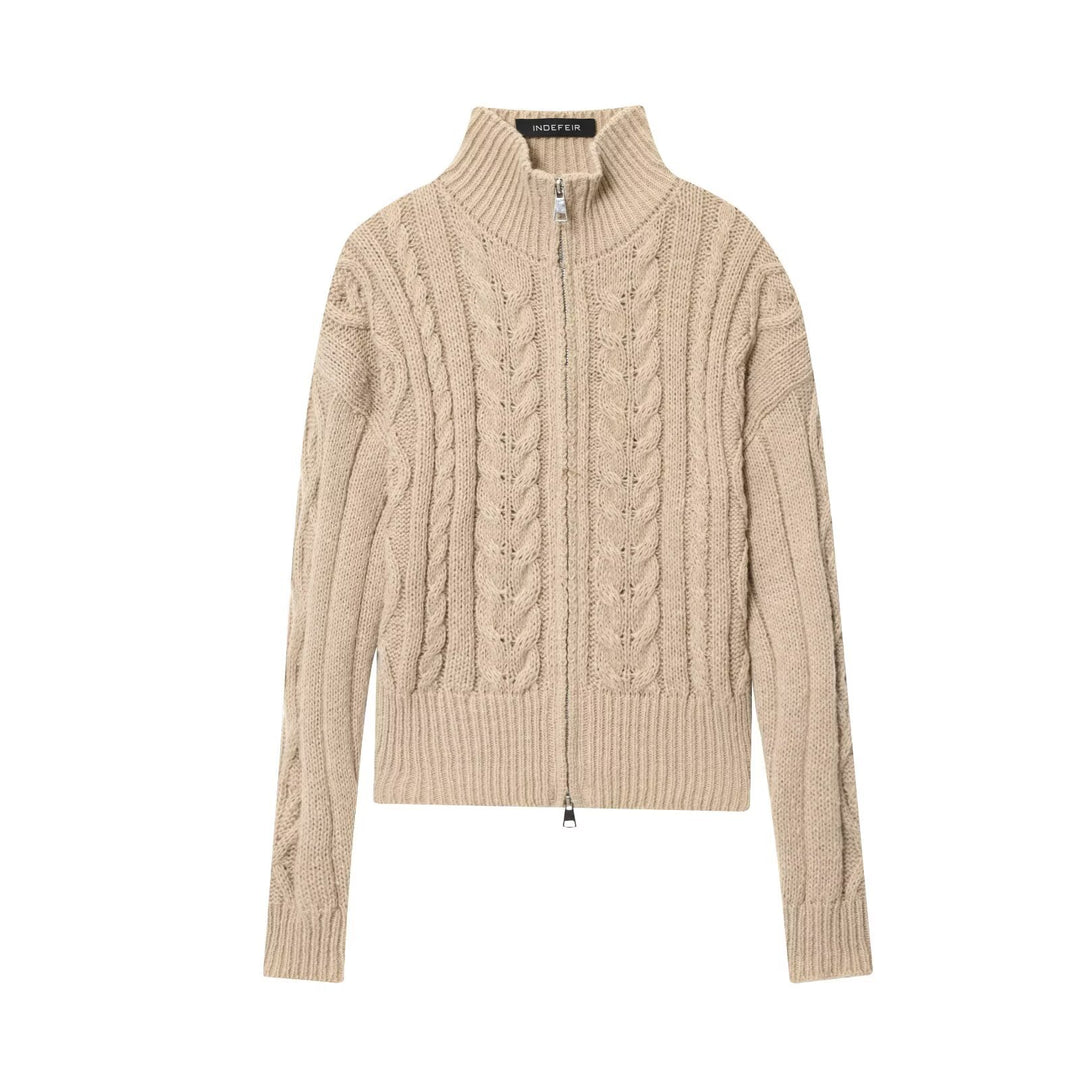 Women's Chunky Knit Cable Knit Cardigan with Stand-Up Collar and Zipper Mune Fashion