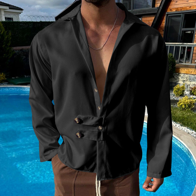 Men's modern long-sleeved shirt with deep neckline and asymmetrical strap look Mune Fashion