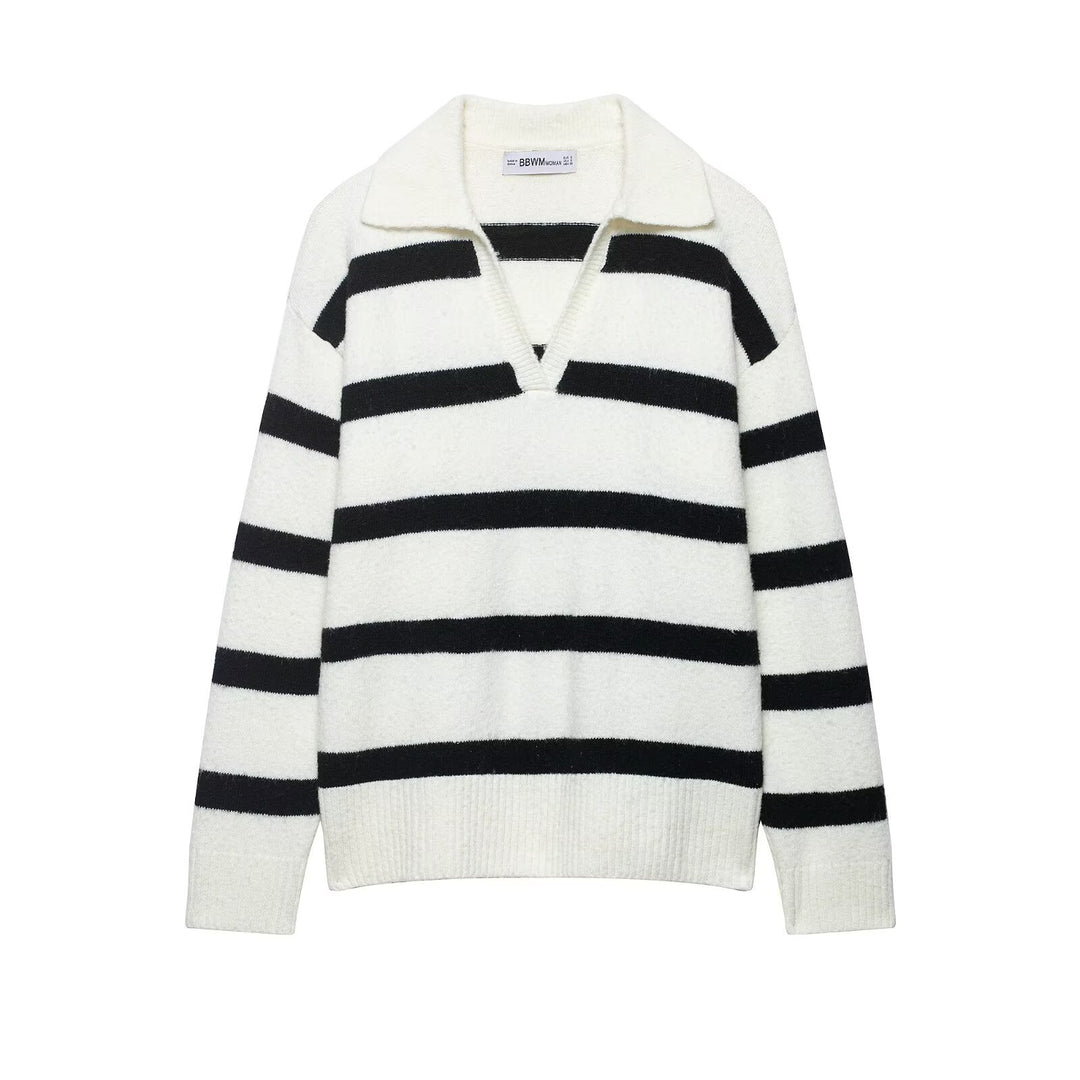 Women Striped Oversized Sweater with Polo Collar and Deep V-Neck Mune Fashion