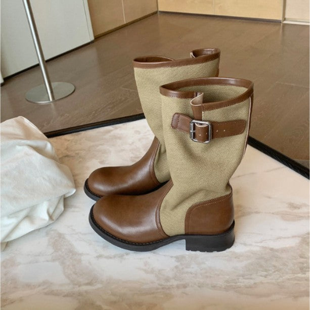 Women Leather-Linen Mid-Calf Boots with Buckle Straps Mune Fashion