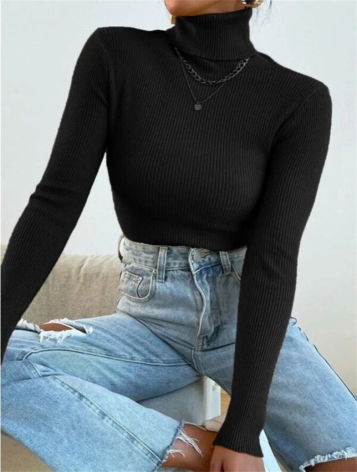Women's Elegant Turtleneck Sweater with Fine Ribbed Texture Mune