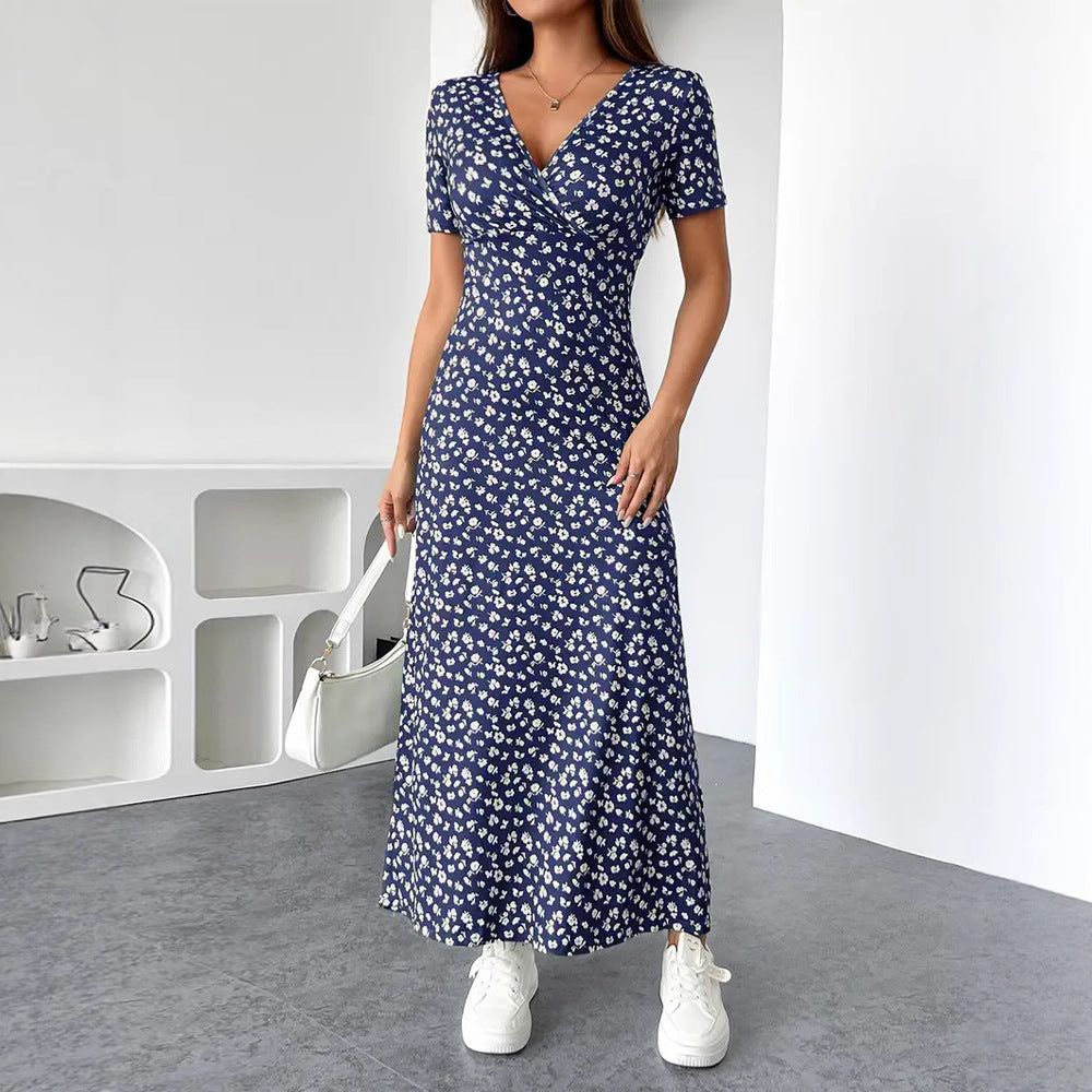 Women nan tailored V-neck wrap maxi dress made of viscose jersey with short sleeves and A-line hem Mune Fashion