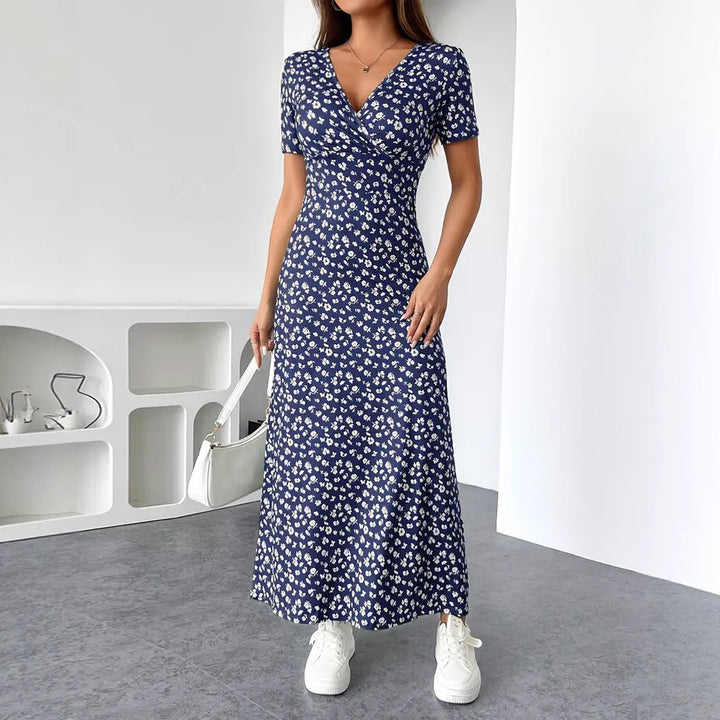 Women nan tailored V-neck wrap maxi dress made of viscose jersey with short sleeves and A-line hem Mune Fashion