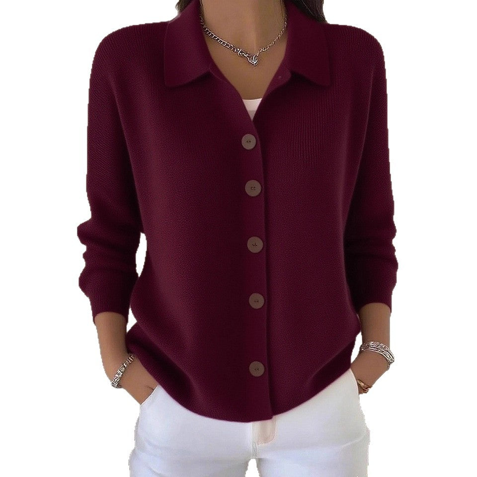 Women's fine knit cardigan with shirt collar and full button placket Mune Fashion