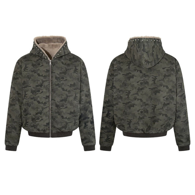 Women's padded camouflage bomber jacket with teddy lining, hood, and ribbed cuffs Mune Fashion