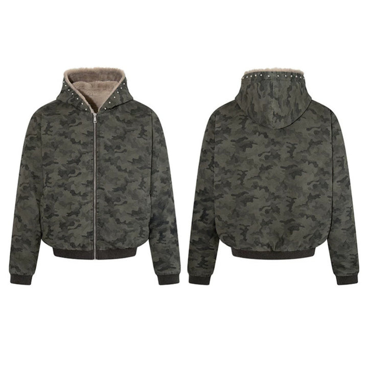 Women's padded camouflage bomber jacket with teddy lining, hood, and ribbed cuffs Mune Fashion