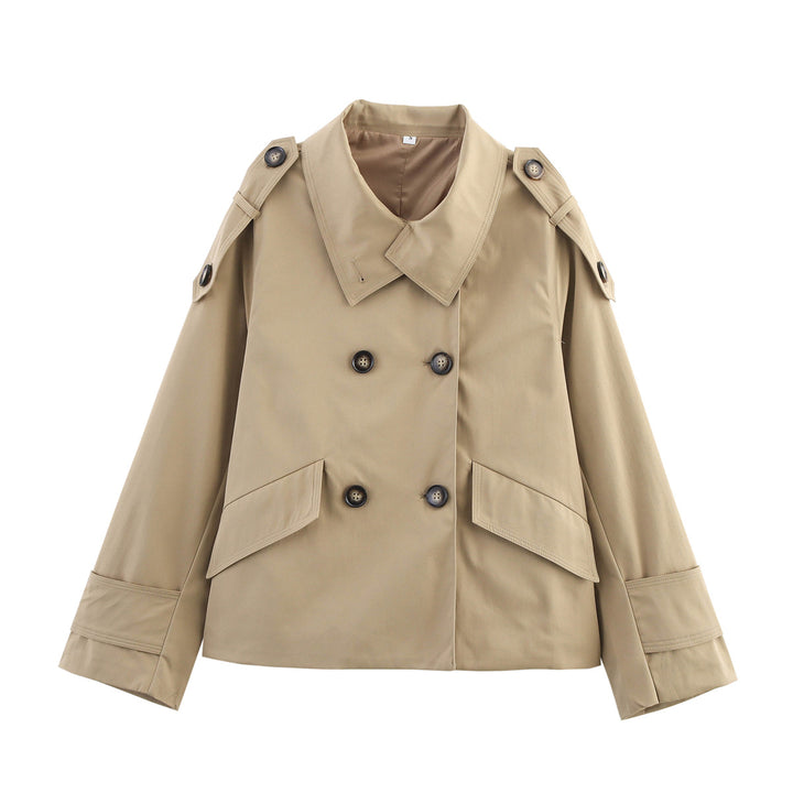 Women's short cut double-breasted trench coat with shoulder patches and patch flap pockets Mune Fashion