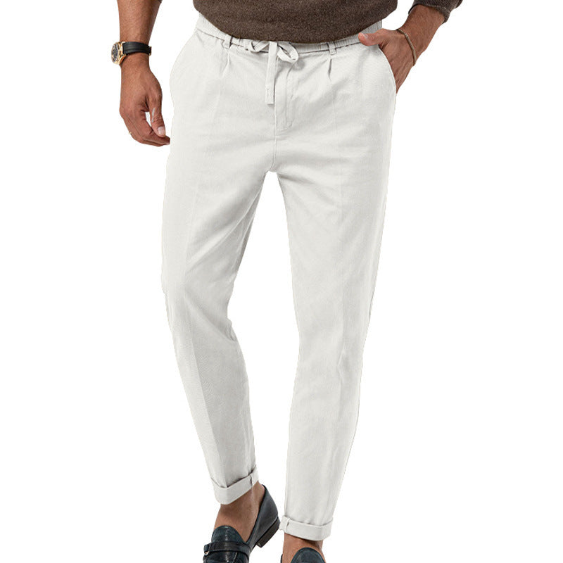 Men's Tapered Linen-Cotton Pants with Elastic Waistband, Drawstring and Cuffs Mune Fashion