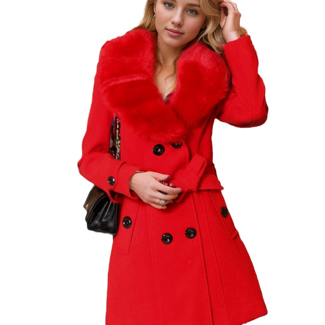 Women's midi double-breasted coat with full faux fur shawl collar and wrap belt Mune Fashion