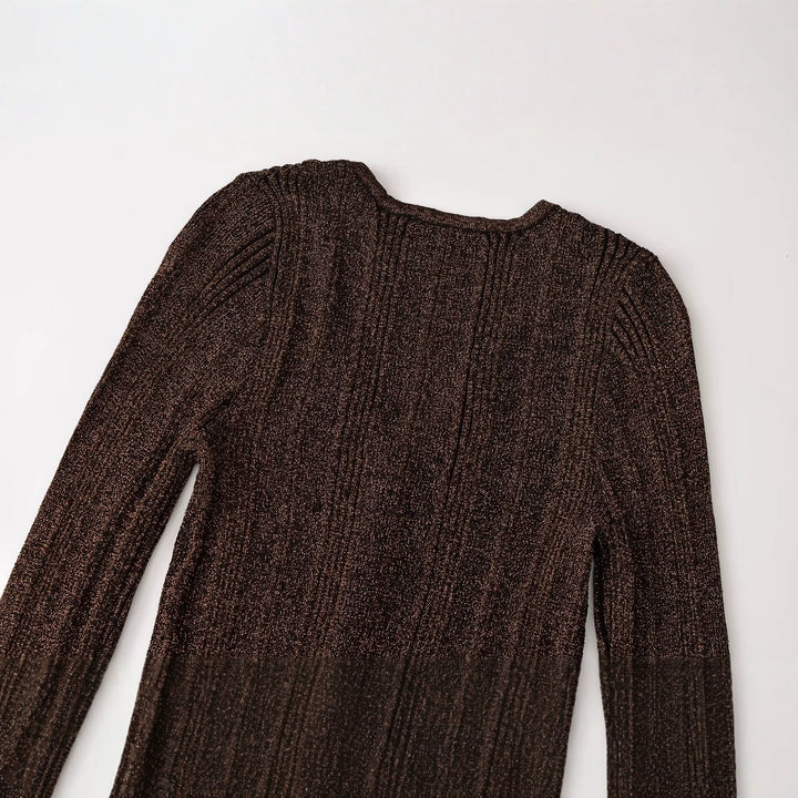 Women's figure-hugging ribbed fine knit cardigan with V-neck, shiny thread and decorative button strip Mune Fashion