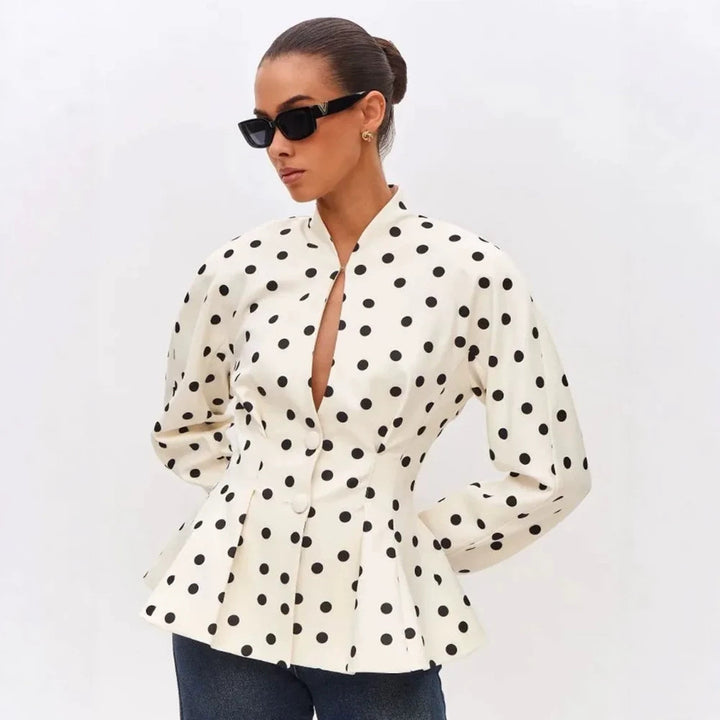 Women's Polka Dot Fitted Peplum Blouse with Stand-up Collar and Concealed Button Placket Mune Fashion