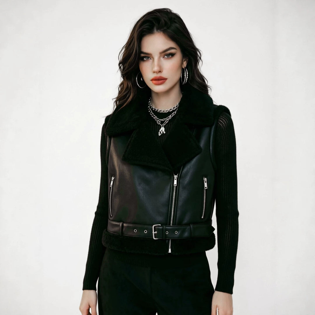 Women's Sleeveless Biker Vest in Shearling Look with Waist Belt Mune Fashion