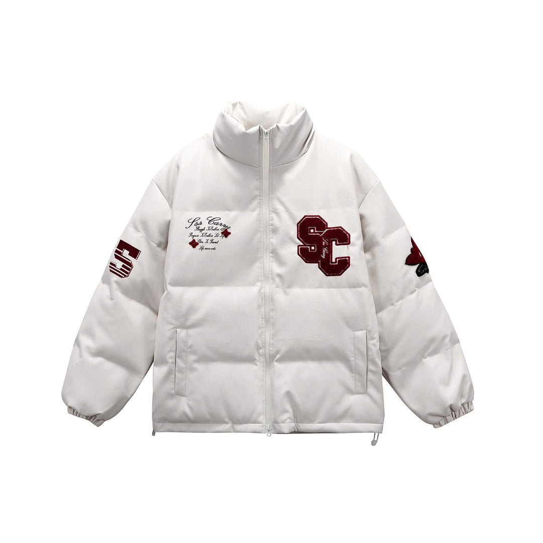 Unisex Short padded college puffer jacket with high stand-up collar, appliqués and drawstring hem Mune Fashion