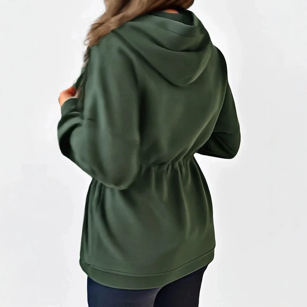 Women’s hooded jacket with waist drawstring, zipper, and side pockets Drune