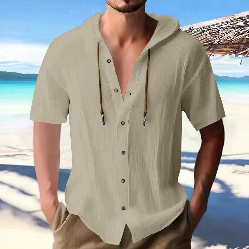 Men's lightweight short-sleeve hooded shirt with button placket and breathable cotton blend Mune Fashion
