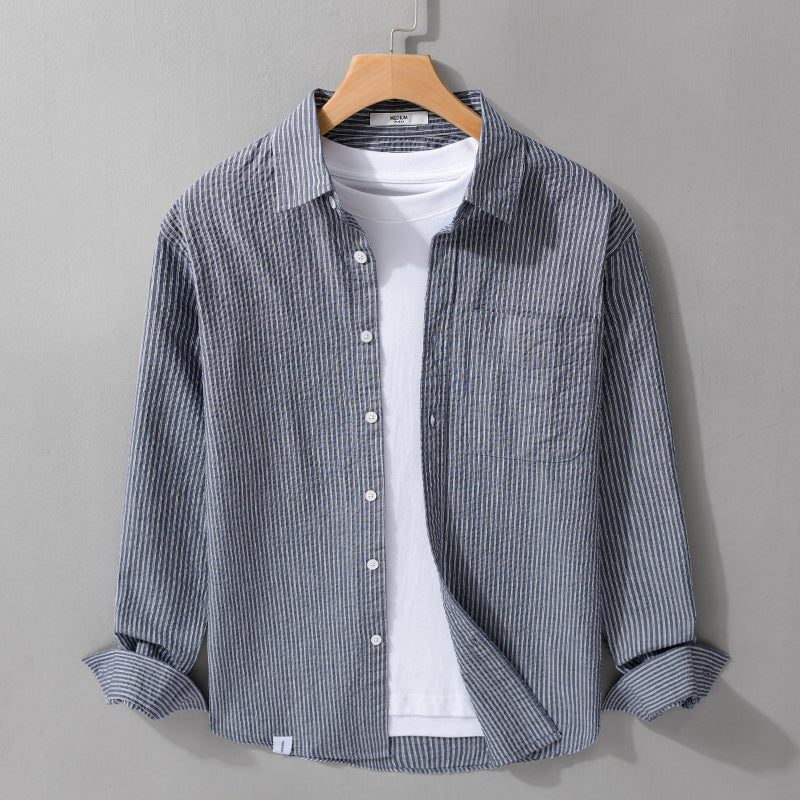 Men's Relaxed-Fit Striped Shirt made of Linen-Cotton Blend with Chest Pocket Mune Fashion
