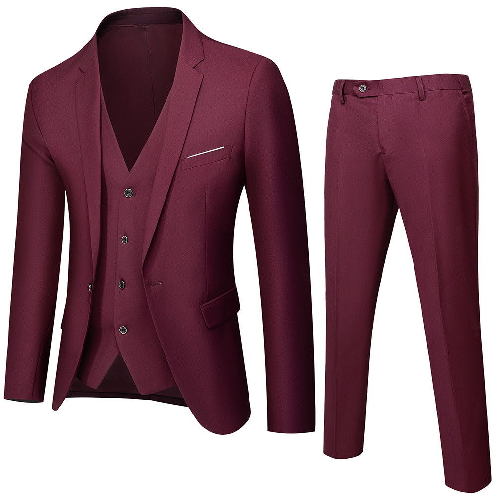 Men's three-piece business suit set with tailored single-breasted jacket, slim fit waistcoat, and elegantly cut suit pants Mune Fashion