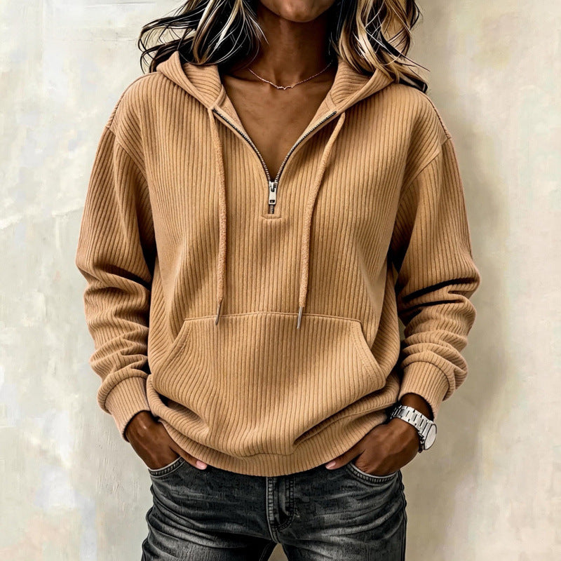 Women's casual oversized ribbed knit hoodie with half zipper Mune Fashion