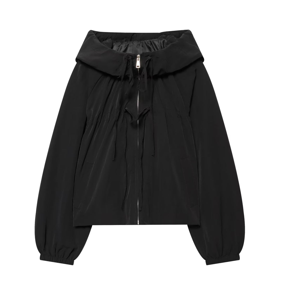 Ladies Short Hooded Windbreaker with Drawstring and Zipper Mune Fashion