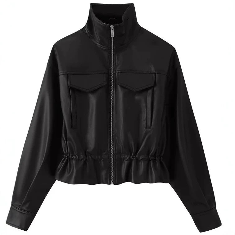 Women cropped faux leather jacket with stand collar, zipper and tailored smocking Mune Fashion