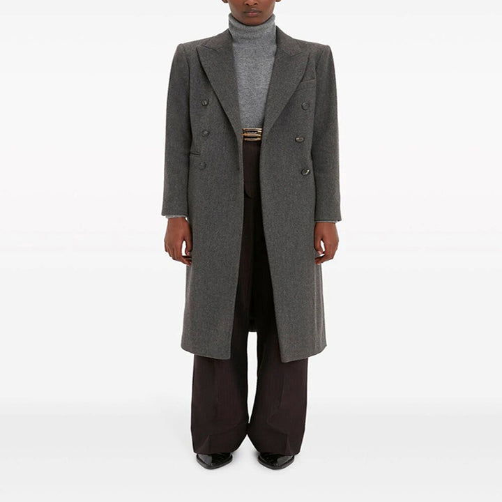 Women's double-breasted long coat in tailoring look with slim silhouette and distinctive shoulder Mune Fashion
