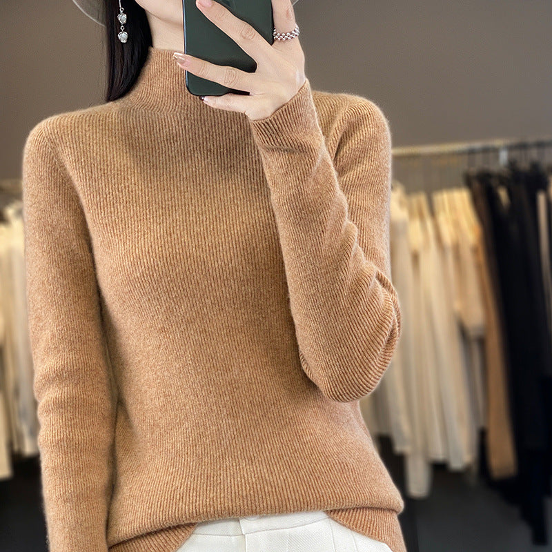 Women's Premium Fine Knit Mock Neck Sweater with Extra Long Sleeve Cuffs and Fine Ribbed Texture Mune Fashion