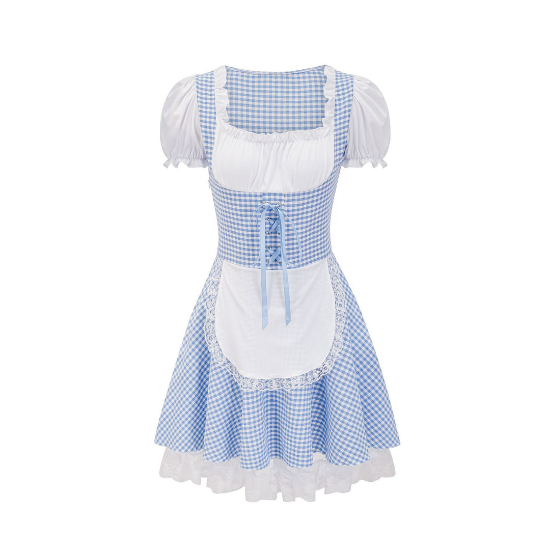 Women's Trachten dress in Vichy style with puff sleeves, lace-up corset, and lace apron Mune Fashion
