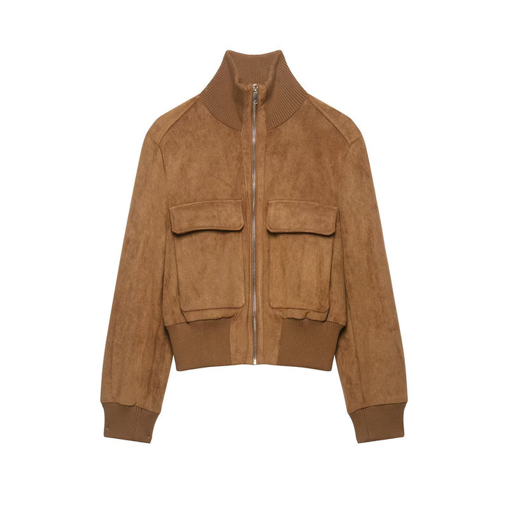 Women's short-cut suede bomber jacket with high ribbed collar and flap pockets Mune Fashion