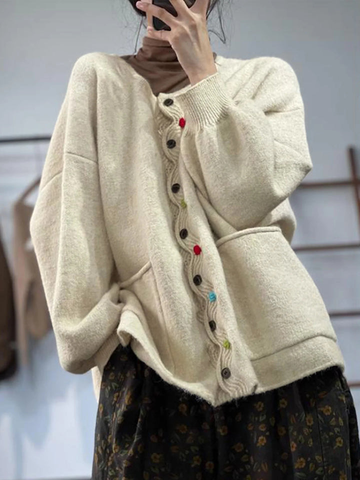 Women's Oversized Knit Cardigan with Decorative Button Placket and Patch Pockets Drune