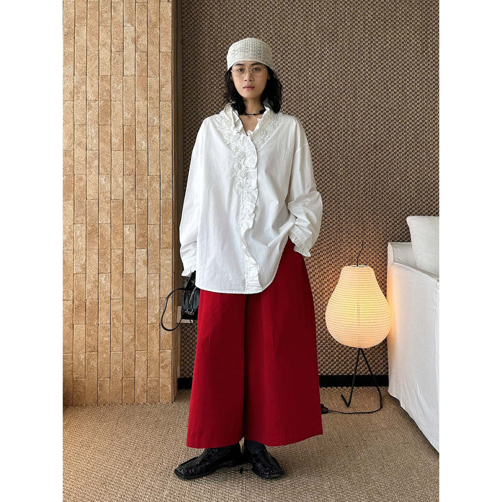 Women Oversize Blouse with Ruffle Trim and Lace Trim Mune Fashion