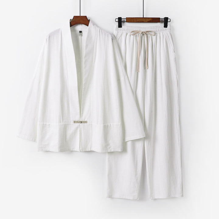 Men's Zen-inspired kimono loungewear set made of lightweight cotton blend with open cut and drawstring pants Mune Fashion