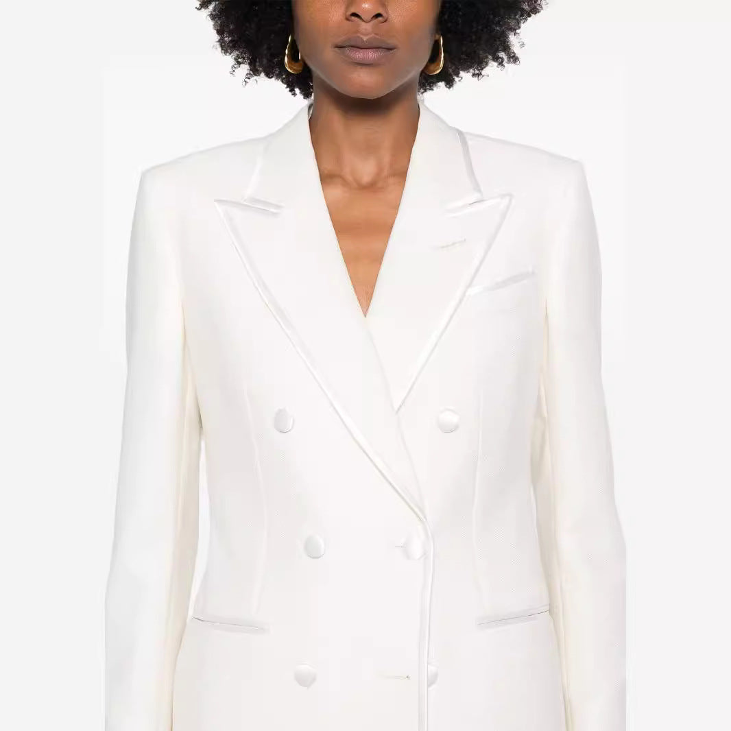Women's Double-Breasted Long Blazer Pantsuit with Marlene Wide Leg Pants and Slim Silhouette Mune Fashion