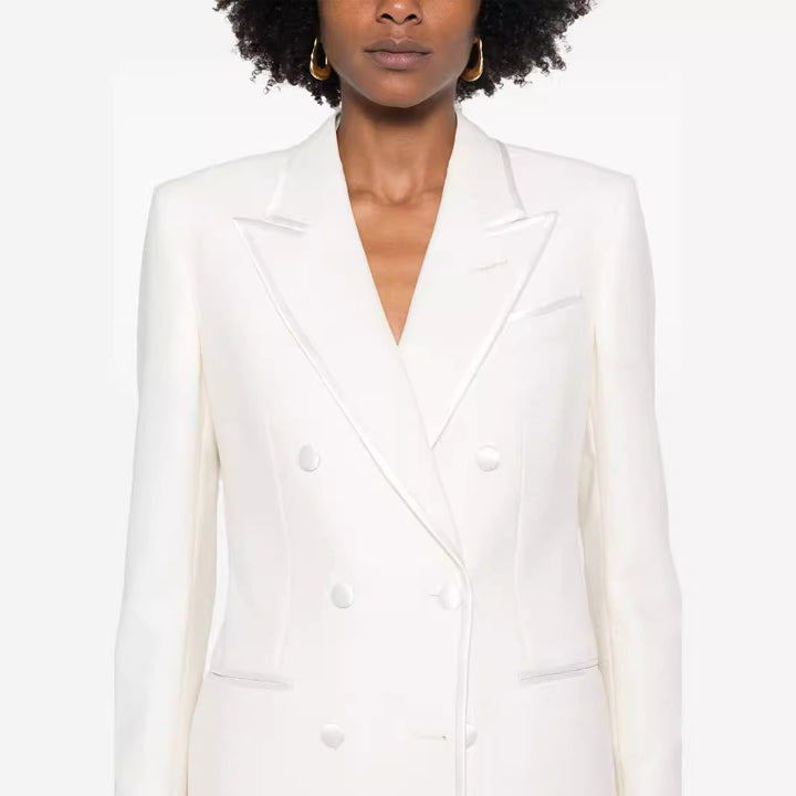 Women's Double-Breasted Long Blazer Pantsuit with Marlene Wide Leg Pants and Slim Silhouette Mune Fashion