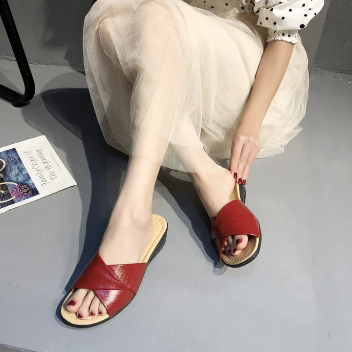 Ladies nan comfortable slipper sandal with crossed straps and lightweight wedge heel Mune Fashion
