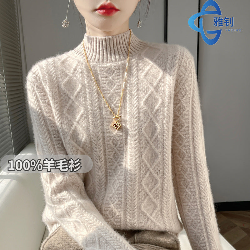 Women's cable-knit mock neck sweater with fine ajour detail and fluffy cashmere look Mune Fashion